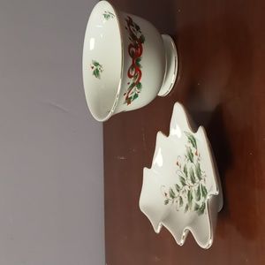 Royal Limited Holly Holiday Bowl and Unmarked Ceramic Plate w Tree
